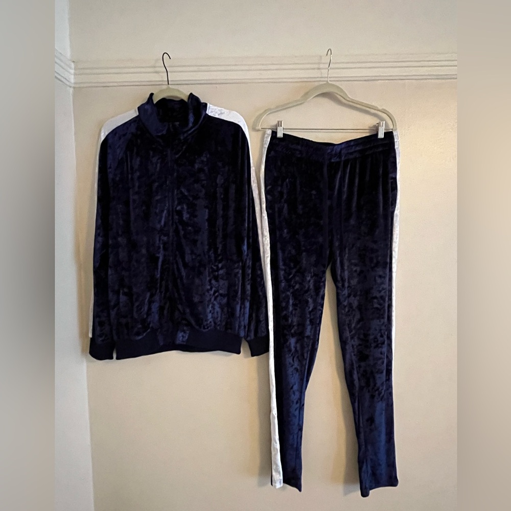 Men's Navy Velour Jogger Set with White Side Stripe
